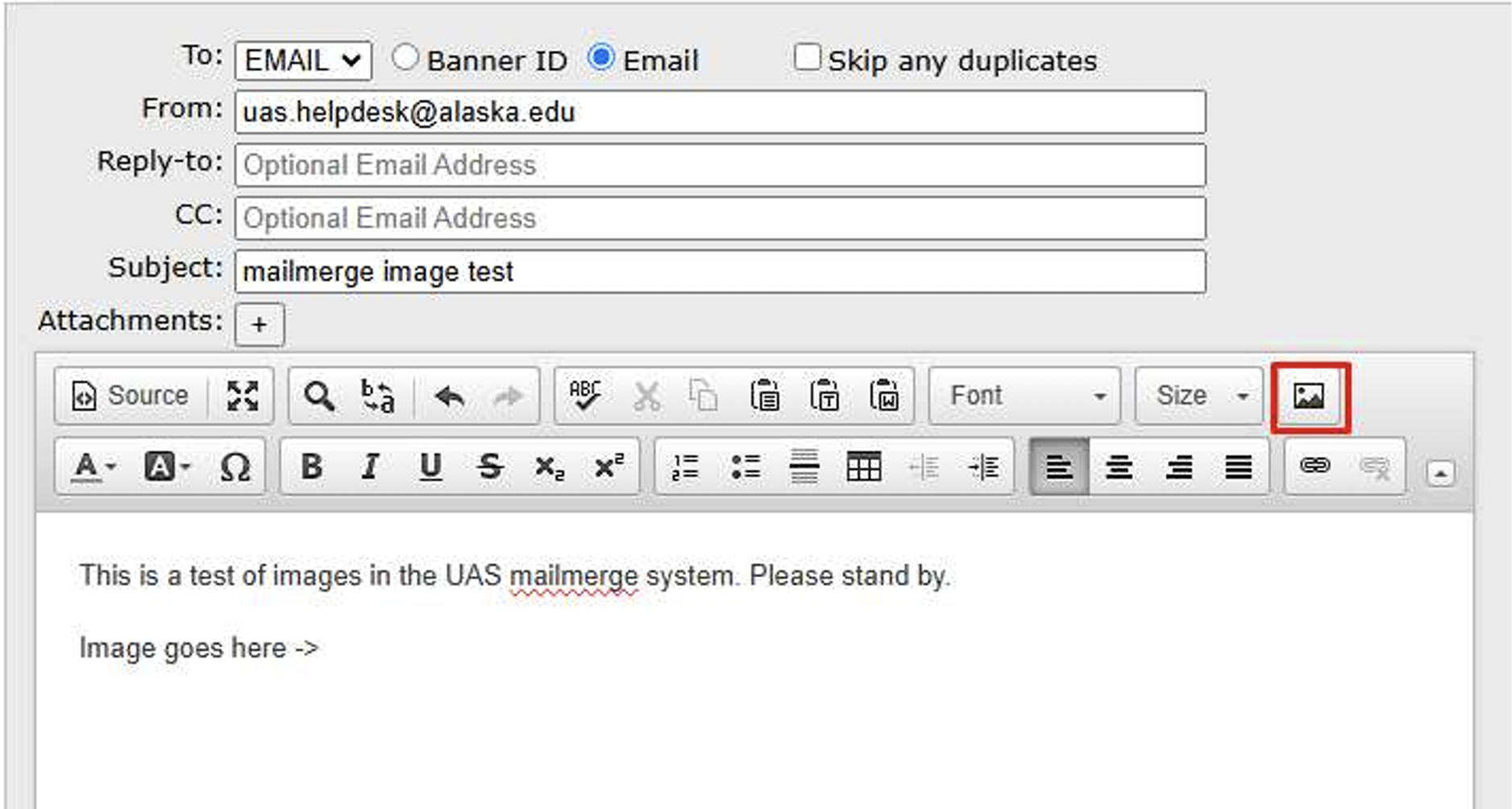 Screen shot of mailmerge text editor showing the image indicator to add an image