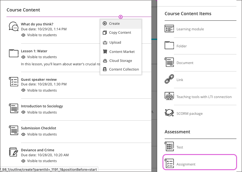 An image of the Blackboard Ultra interface with pink outlines around the create menu and the 