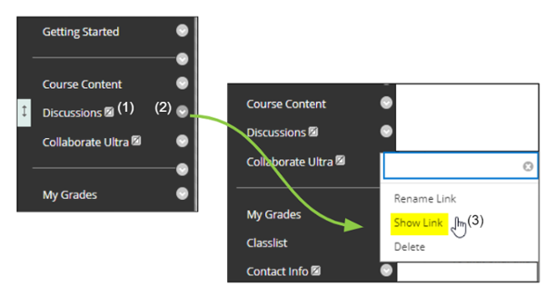 the menu that allows links to be hidden from students