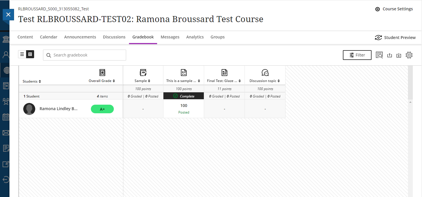 A screenshot of the gradbook in grid view, with student names in rows, and gradable items as columns. 