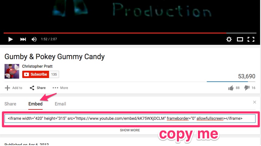 Showing how to find the video embed tag